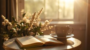 A journal and cup of tea near morning sunlight