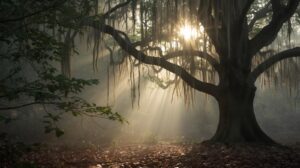 Morning Prayer For The Heartbroken: Sunlight breaking through forest trees symbolizing hope after emotional pain symbolizing renewal.