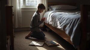 Early morning light shining through a church window, with hands clasped in prayer
