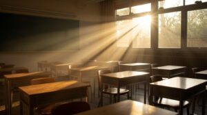 A calm classroom with morning sunlight shining through the window