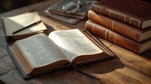 An open Bible beside schoolbooks on a study table.
