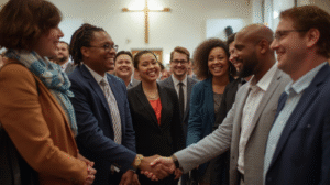 Church team fellowship after morning devotion