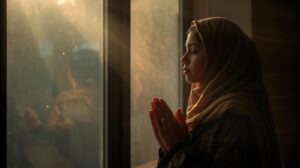 Child saying morning prayer before school.