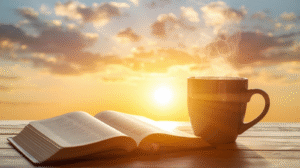 Daily morning devotion with Bible and prayer.