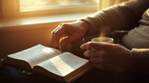 Morning inspirational prayer quotes: Open Bible with healing scripture and soft candlelight