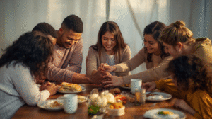 Family morning devotion time with children.