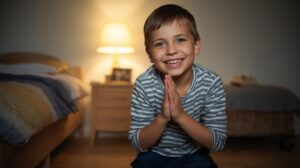 Little boy smiling as he prays beside his bed