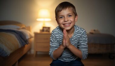 Little boy smiling as he prays beside his bed