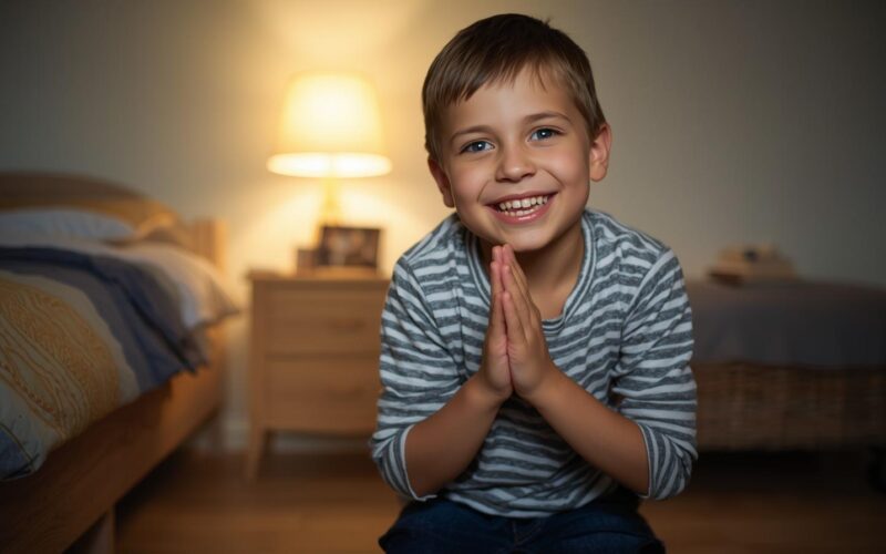 Little boy smiling as he prays beside his bed