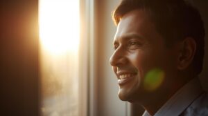 Smiling man looking out a window, symbolizing renewed faith and direction