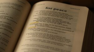 Open Bible with highlighted peace-related verses.