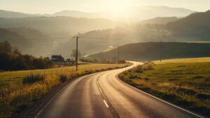 A calm countryside road under morning sunlight.