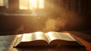 20 Powerful Ways to Pray for Yourself Every Day; A peaceful morning scene with sunlight entering through a window and an open Bible on a table.