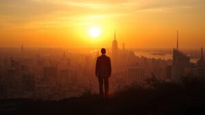Morning Prayers for Leaders: A peaceful sunrise over a city skyline with a leader standing thoughtfully